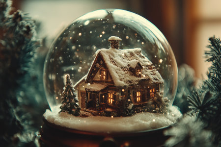 A beautiful snow globe captures a rustic Lapki house dusted with snow, glowing warmly as stars twinkle against a cozy winter backdrop.の素材
