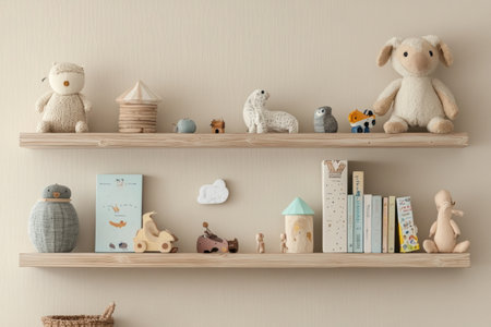 Colorful childrens toys and books are neatly arranged on wooden shelves in a pastel beige room, creating a charming and organized space for play and learning.の素材