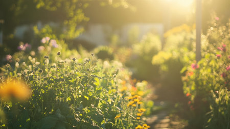 Sunlight filters through a lively garden where flowers bloom and vegetables grow, creating a tranquil atmosphere in the afternoon light.の素材