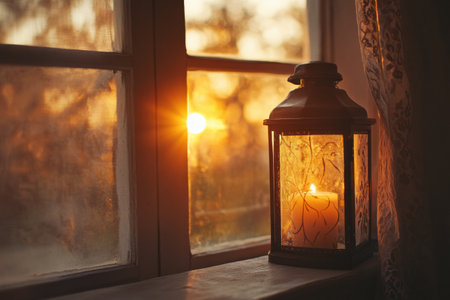 Sunset light streams through a window, illuminating a candle lantern on the sill. The soft glow and gentle shadows offer a serene ambiance in a peaceful space.の素材