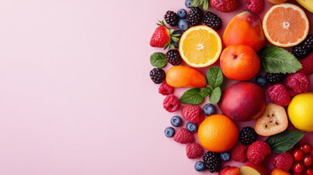 An array of fresh fruits and berries creates a colorful composition against a soft pastel background, showcasing natures bounty in a minimalistic style.の素材