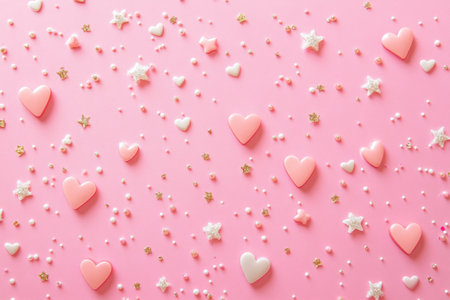 Scattered across a soft pink backdrop, tiny hearts, stars, and sparkles create a charming and dreamlike aesthetic ideal for crafts, events, or decorations.の素材