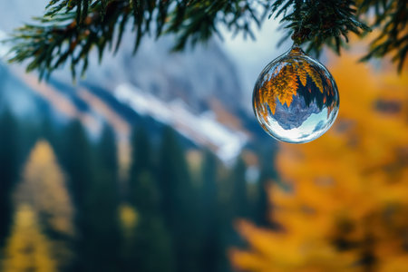 A fascinating droplet hangs from a tree branch, capturing and reflecting a vibrant mountain range and lush forest in brilliant detail.の素材