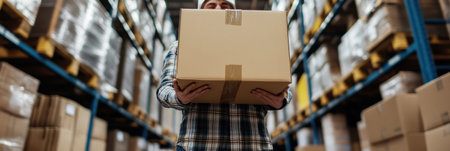 A warehouse worker balances a heavy box with visible strain on his face while focused on his task in a busy industrial storage area surrounded by packages.の素材