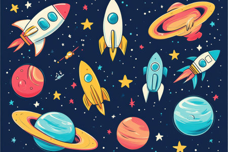 Vibrant sticker pack showcases rockets, planets, and UFOs set against a cosmic backdrop of a deep blue galaxy filled with stars and constellations.の素材