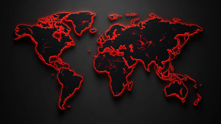 World map showing political borders and red highlights, highlighting the complexities of global strategy and international relations today.の素材