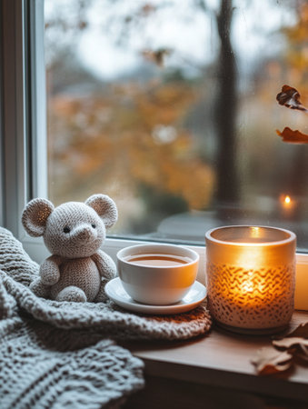 A calming window sill setting features a cup of tea, a glowing candle, and a soft mouse plushie, evoking a peaceful autumn mood.の素材