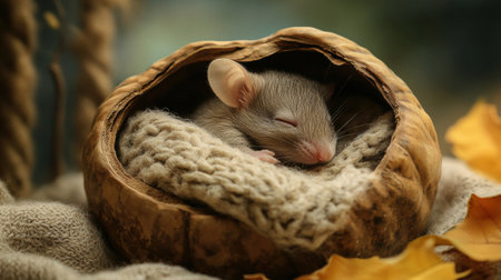 A small mouse rests comfortably inside a walnut shell bed, wrapped in a soft blanket. The enchanting fairy tale setting features warm autumn colors.の素材