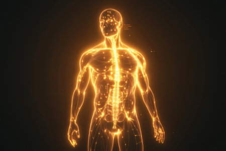 Translucent human silhouette reveals a bright, glowing muscle system illuminated against a dark background, showing futuristic anatomy and technology.の素材
