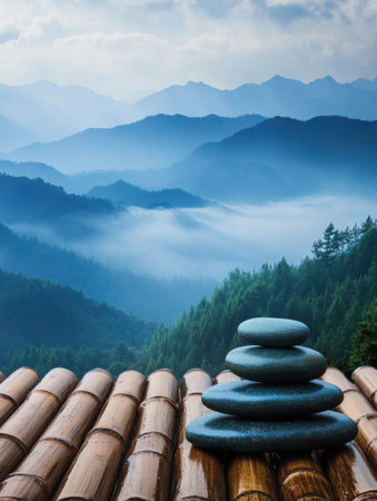 Zen stones are carefully stacked on a bamboo surface, set against a backdrop of misty mountains shrouded in tranquility and natural beauty.の素材