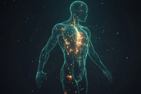 Futuristic anatomical visualization shows a translucent human silhouette displaying a glowing muscle system, highlighting the intricacies of human anatomy.の素材