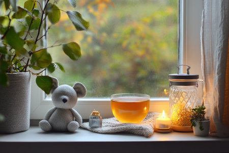 Warm tea sits beside a glowing candle and a little mouse plushie on a window sill, surrounded by plants, evoking a peaceful and calming environment.の素材
