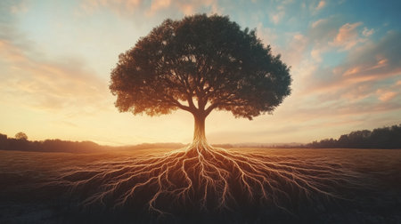 A majestic tree with roots like a neural network rises against a vibrant sunset in a tranquil field, showcasing organic intelligence.の素材