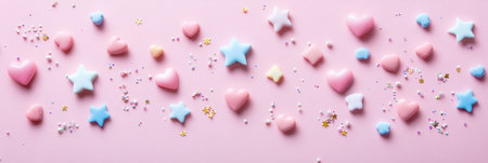 Tiny sticker hearts, stars, and sparkles are playfully scattered over a soft pastel pink background, perfect for adding charm to crafts or stationery.の素材