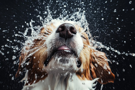 Dog shakes water off its fur in a playful manner after a bath, creating an impressive splash against a bright, clean backdrop in an energetic moment.の素材