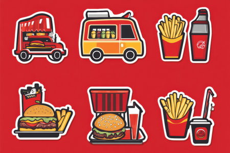 Bright and cheerful stickers showcase a food truck, burgers, fries, and soda in an engaging cartoon style against a bold red backdrop.の素材