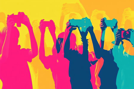 Silhouettes of people engaged in photography with cameras and phones create a lively and colorful backdrop, showing the joy of capturing memories.の素材