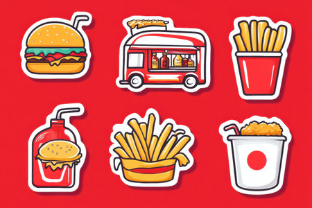 A vibrant sticker collection showcases cartoon-style food truck elements, including burgers, fries, and soda, set against a striking red background.の素材