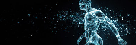 A translucent human silhouette reveals a glowing muscle system within, showing an innovative anatomical visualization in a futuristic style.の素材