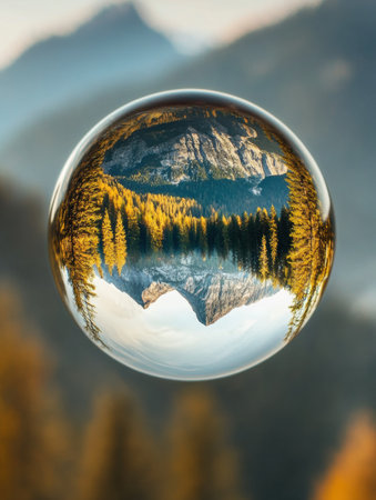 A transparent droplet captures a breathtaking view of mountains and forests, showing natures beauty with clear reflections at sunrise.の素材