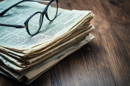 A stack of political newspapers rests on a wooden table, accompanied by glasses and a pen, inviting readers to engage with important news and opinions.の素材