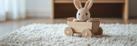 A soft toy bunny sits happily in a wooden cart placed on a plush beige rug, creating a charming focal point in a warm and inviting play areaの素材