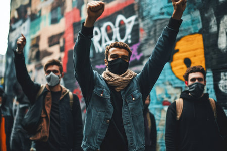 Youthful protesters display solidarity and energy while demanding change against a backdrop of colorful graffiti and political statements in an urban setting.の素材