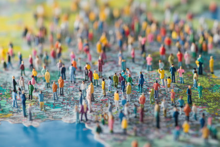 Numerous tiny human figures gather on a large map, engaging in strategy and planning, symbolizing collective decision-making and power dynamics.の素材
