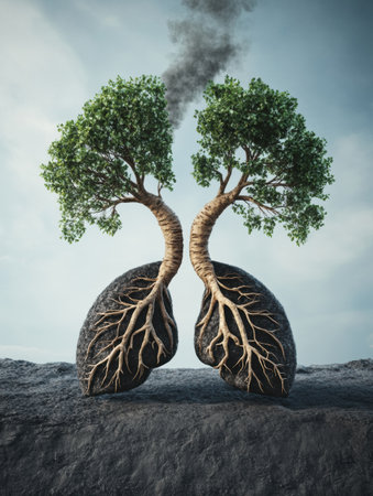 Visualize a unique tree formation resembling human lungs with roots and branches, representing the essential relationship between nature and breathing.の素材