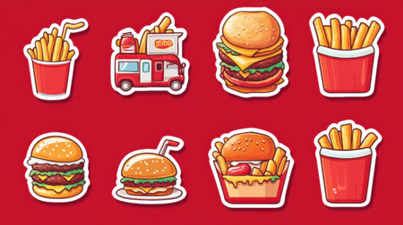 Bright and playful sticker collection showcases food truck, burgers, fries, and soda against a vibrant red background, perfect for food enthusiasts and events.の素材