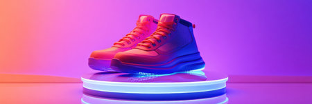 Bold neon sneakers are elegantly displayed on an illuminated pedestal with a sleek reflective surface, highlighting their modern design in a vibrant setting.の素材