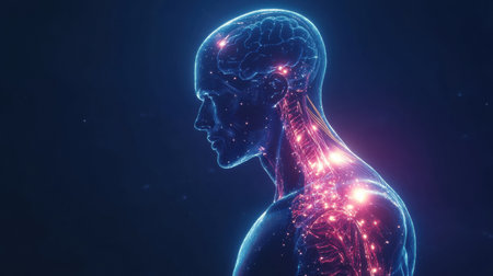 Translucent human silhouette with glowing muscles, showing intricate anatomy and advanced medical visualization techniques.の素材