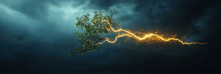 A striking tree branch resembles a lightning bolt, surrounded by dark storm clouds, conveying the raw energy and power of nature during a tempestuous moment.の素材
