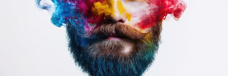 A transparent beard shape bursts with colorful paint splashes, embodying artistic essence in a vibrant urban atmosphere.の素材