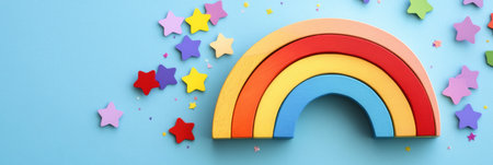 A vibrant wooden rainbow toy featuring colorful arches is surrounded by scattered star confetti against a soft blue background, creating a joyful atmosphere.の素材