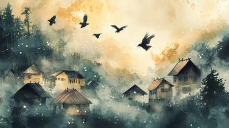 Birds fly peacefully over a quiet village surrounded by misty trees and soft hues of dawn, capturing a serene and dreamy atmosphere.の素材
