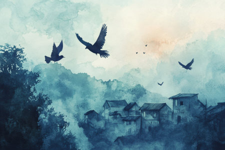 Birds fly gracefully above a serene village, capturing the peaceful essence of dusk in a watercolor style with gentle hues and soft landscapes.の素材