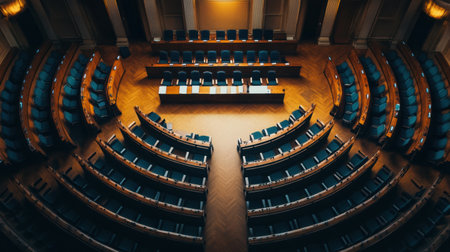 Top-down perspective reveals the organized seating and microphone placement in a parliamentary chamber, showcasing a formal institutional atmosphere.の素材