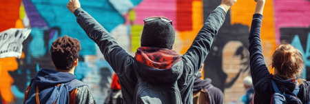 A group of young protesters stand confidently with raised fists in front of a colorful graffiti wall, embodying the spirit of urban activism and change.の素材