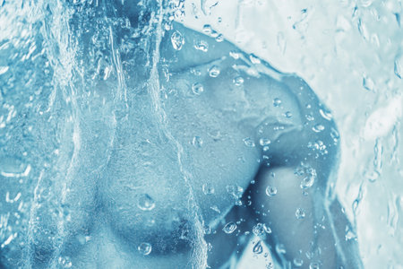 Droplets of water form an abstract shape resembling a muscular body, blending blue and white tones to evoke a sense of power and fluidity in design.の素材