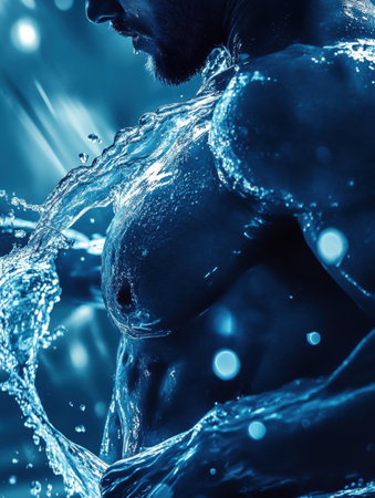 Droplets of water gather to form an abstract, muscular shape, displaying fluid motion in vibrant blue and white hues that evoke energy and strength.の素材