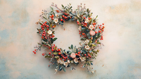 Ornate wreath made of delicate flowers and bright berries sits against a softly textured backdrop, showing intricate details and vibrant elements.の素材