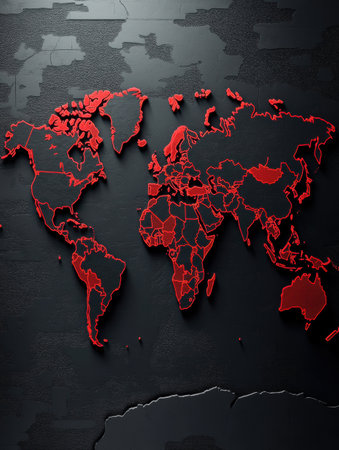 Detailed world map displays political borders with striking red highlights, emphasizing regions for strategic planning and geopolitical discussions.の素材
