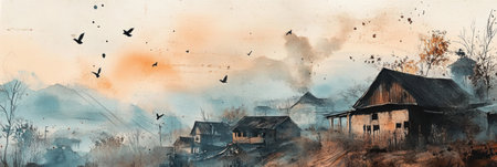 Birds gracefully fly over a peaceful village, immersed in soft colors of watercolor. The tranquil setting captures the essence of early morning serenity.の素材
