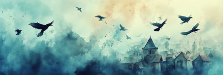 Vibrant watercolor artwork shows birds soaring over a tranquil village, capturing the beauty of a dreamy Lapki sunset in soft pastel hues.の素材