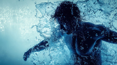 Droplets in blue and white tones create an artistic representation of a strong figure, capturing the essence of water and movement in a unique form.の素材