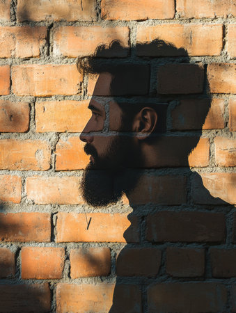 A bearded mans shadow forms a captivating silhouette on a textured brick wall, highlighting the urban environment during daylight.の素材