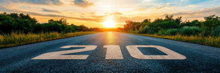 Asphalt road marked with wooden numbers against a vibrant sunset, symbolizing the path towards progress and future opportunities ahead.の素材