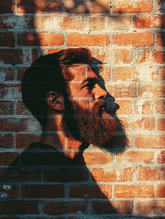 A silhouette of a bearded man is cast on a textured brick wall, highlighting urban life and the play of light during a warm afternoon.の素材