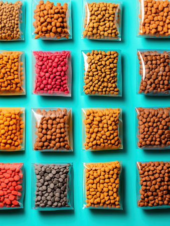Brightly colored packages of dry and wet pet food are neatly arranged in rows, showing a vibrant design on a teal background.の素材